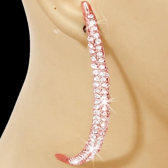 4.25" Long Pave Set Crystal Curved Earrings Rose Gold - Picture 1 of 1